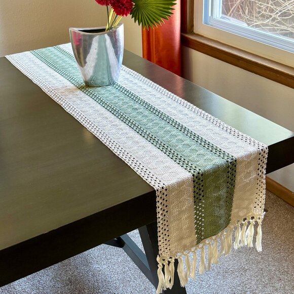 2 Styles Farmhouse Cottage Sage Green Beige Blue Woven Tasseled 72" Table Runner - Picture 3 of 10